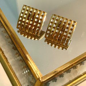 Gold Tone Cross-Hatch Square Earrings, Retro, 80's inspired